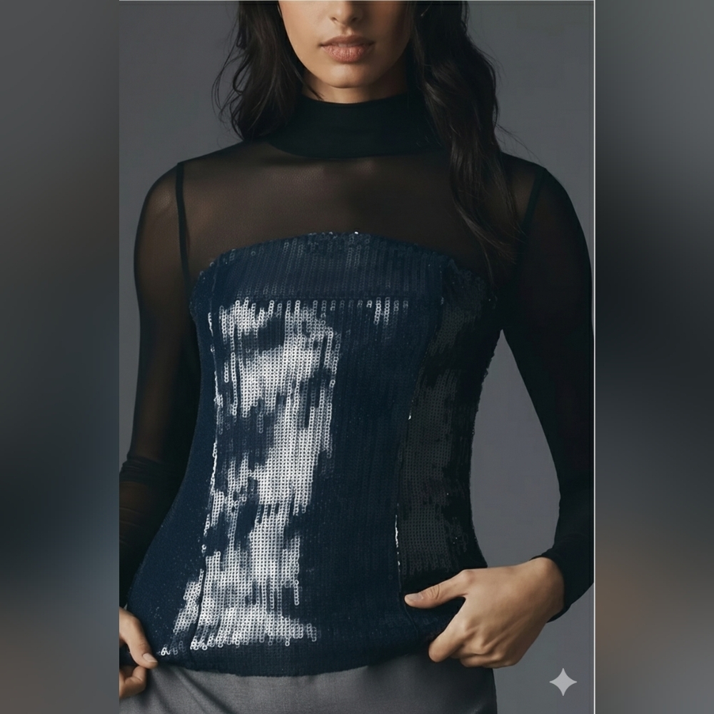 Maeve Anthropologie Long-Sleeve Sheer Sequin Mock Neck Top Navy L